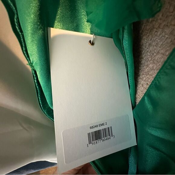 Mac Duggal Emerald Green Sheer Puff Sleeve Bow Neck Gown | 2 - Picture 10 of 10